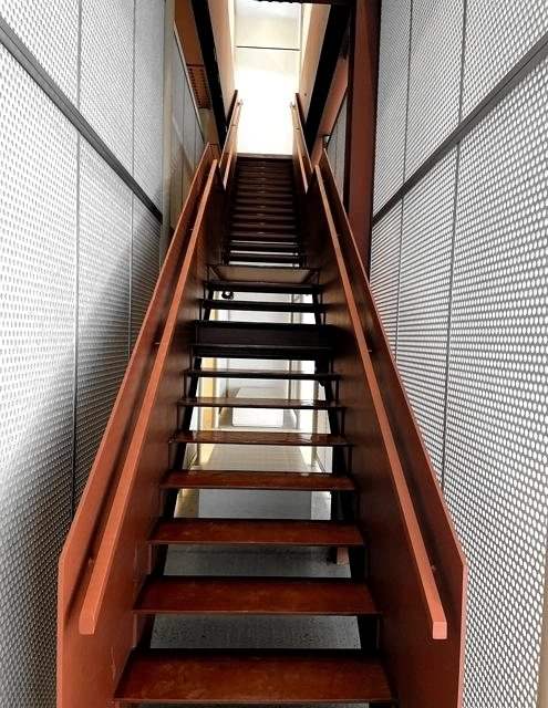 Red steel stair at Blu Dot, 715 Lexington