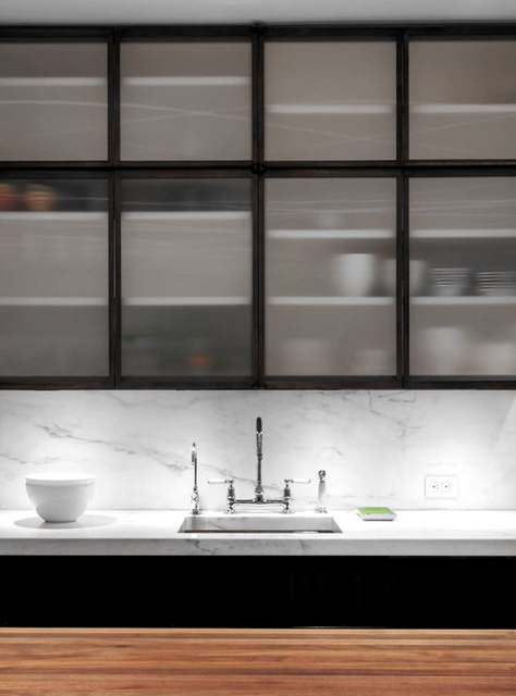 Steel-framed glass kitchen cabinets